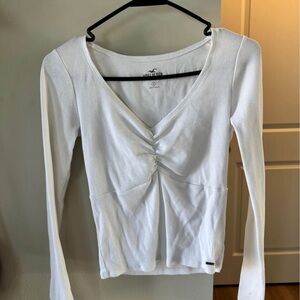 Hollister White Long-Sleeve Ruched V-Neck Tee